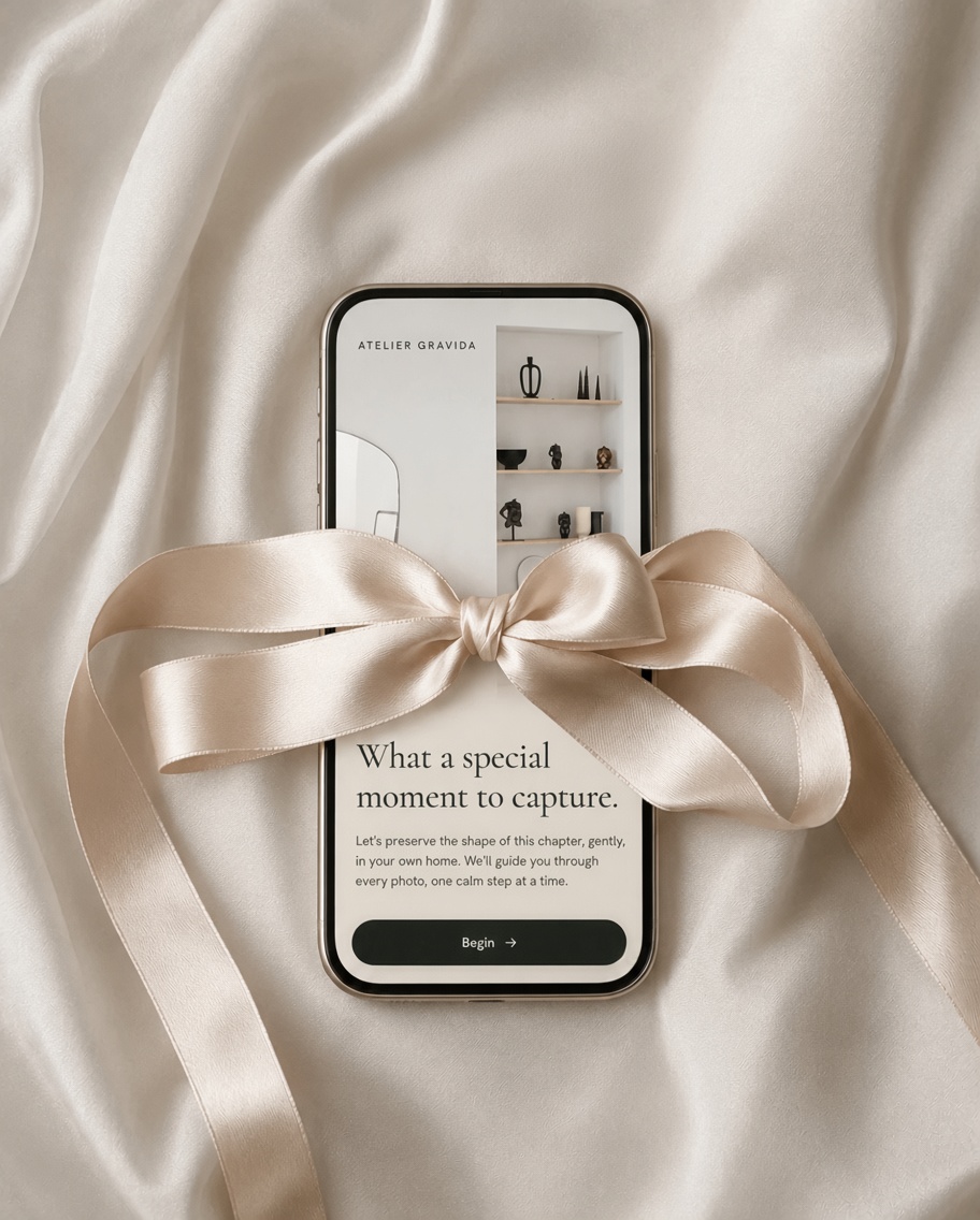 A phone showing the Studio Gravida Scan App, wrapped in a champagne satin ribbon on cream silk